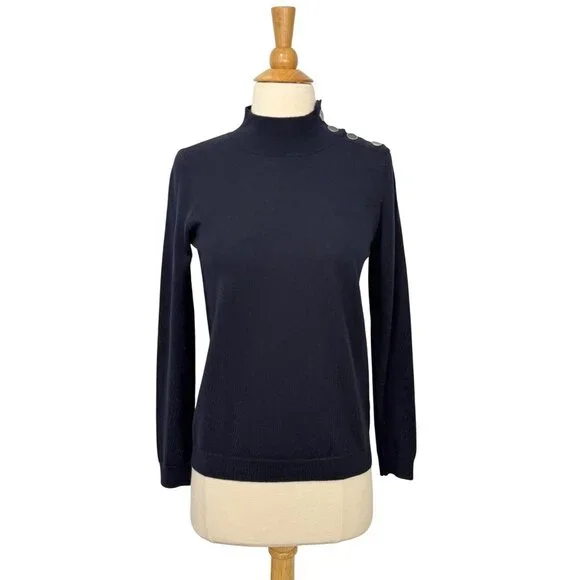 Sezane Jacob Sweater Jumper Navy Blue Long Sleeve Wool High Neck Buttons Size XS - Picture 11 of 11